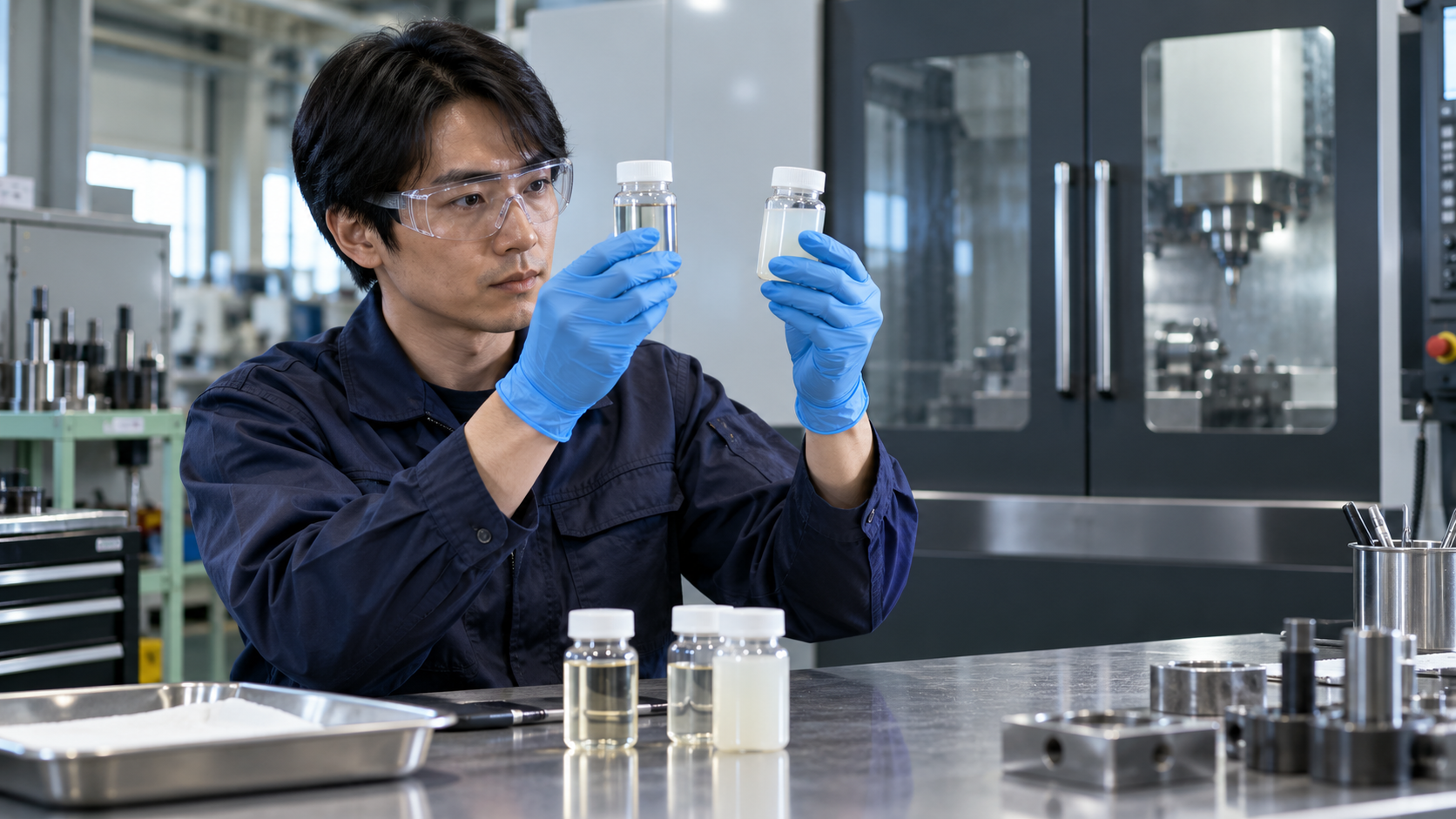 切削油の試料を比較する作業者のイメージ